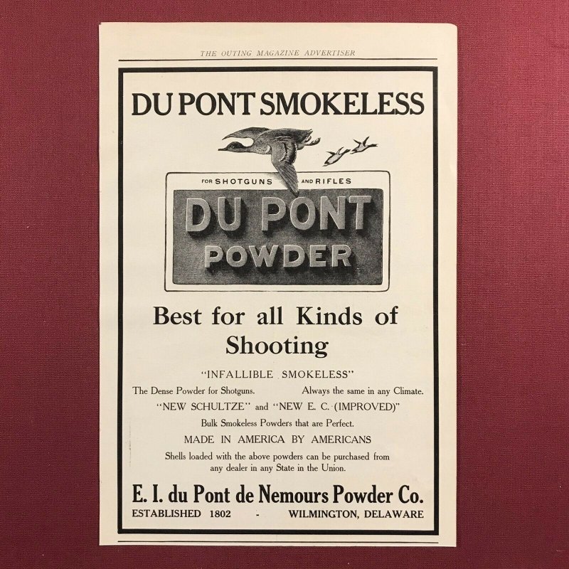 DuPont Smokeless Powder for Shotguns & Rifles Original 1907 Print Ad 2V1-32