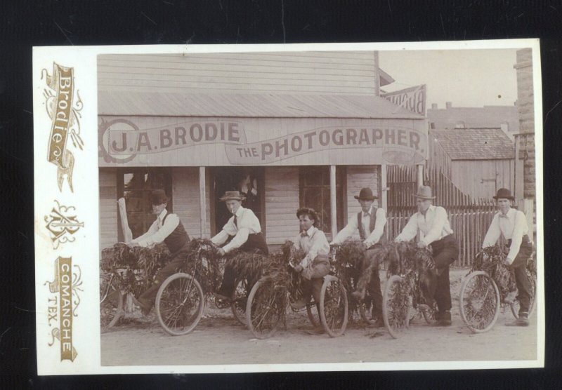 REAL PHOTO COMANCHE TEXAS MOTORCYCLE MOTORBIKE VINTAGE CABINET CARD COPY