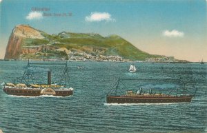 Rock of Gibraltar from Northwest, Ships, Sailboat Litho Postcard Unused