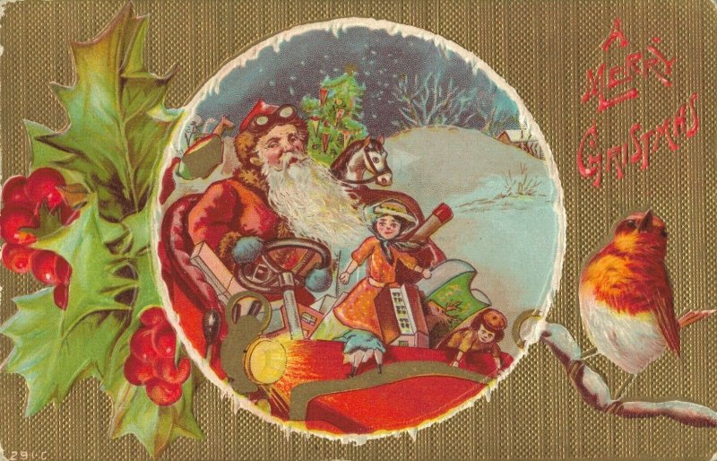 Merry Christmas Embossed Postcard Mistletoe Santa Claus in Car. 03.92