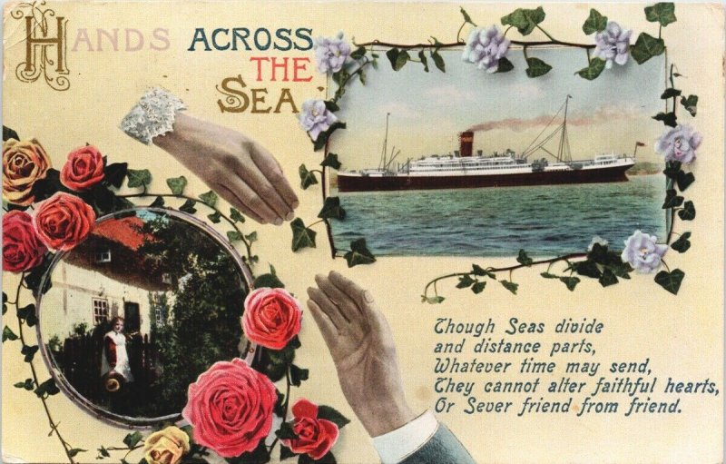 Hands Across The Sea Woman Roses Ship c1905 Postcard F90