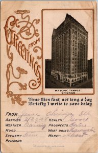 VINTAGE POSTCARD GREETINGS FROM THE MASONIC TEMPLE IN CHICAGO 1908 RARE