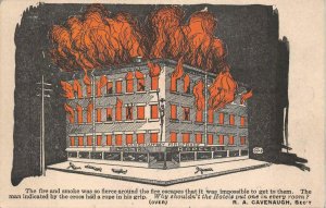 ICMA ROPELESS HOTEL ON FIRE ADVERTISING POSTCARD (c. 1910)