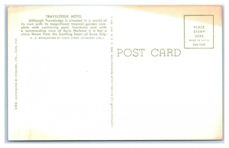 SUVA CITY, FIJI ~ Roadside TRAVELODGE HOTEL ca 1960s-70s Postcard