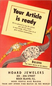 Advertising Postcard Bulova Watch, Hoard Jewelers in Rock Island Illinois~132439