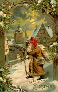 Greeting - Christmas. Santa Claus in Brown Robe  (Embossed, gold)