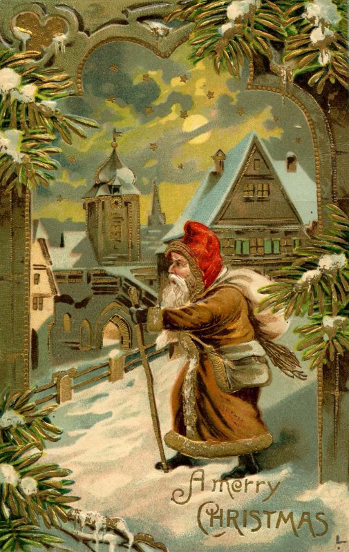 Greeting - Christmas. Santa Claus in Brown Robe  (Embossed, gold)