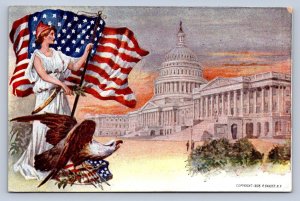 K3/ Patriotic Postcard c1910 Lady Liberty Eagle Flag Capitol 460