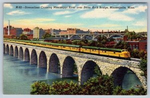 Streamliner Crossing Mississippi River Minneapolis MN Vintage Linen Postcard NOS