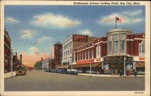 Bay City Mich MI Washington Ave Kresge's Knepp's Linen Vintage Postcard