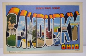 Greetings From Sandusky Ohio Large Big Letter Linen Postcard Curt Teich Unused 