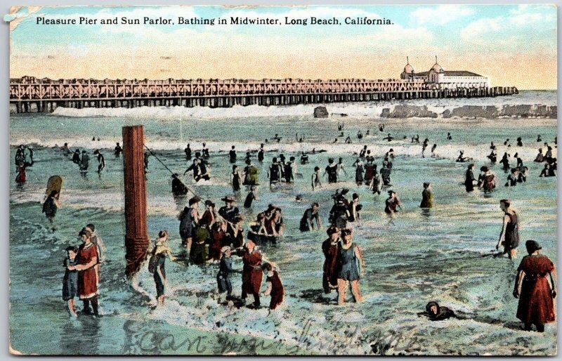 Long Beach CA-California, Pleasure Pier & Sun Parlor Bathing Midwinter, Postcard