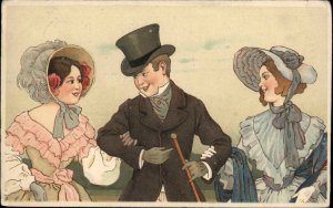 Christmas Fancy Man w Pretty Woman on Each Arm Cane Top Hat c1900s-20s Postcard