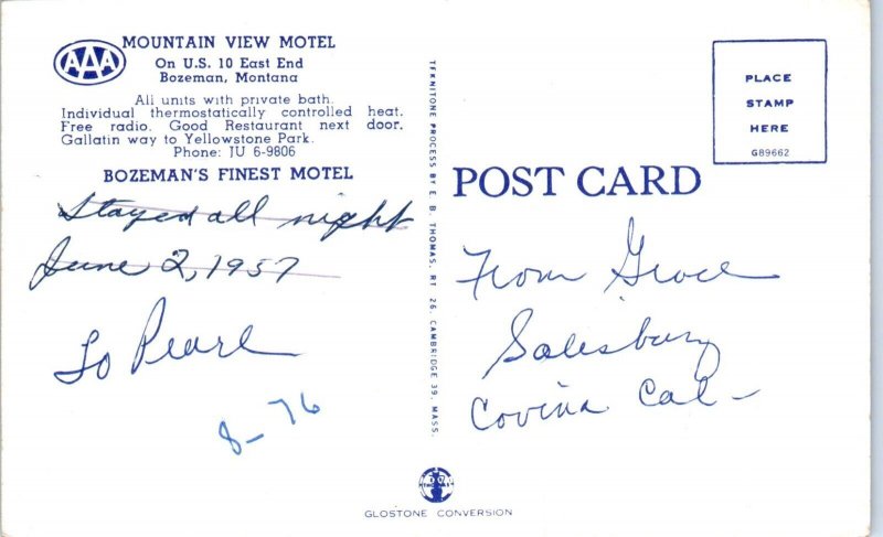 1950s Mountain View Motel U.S. 10 & 191 Bozeman MT Postcard