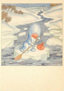 Vintage Fantasy Postcard 5595 A/S Bohatta-Morpurgo Ice Gnome Rows an Ice Floe