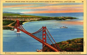 Vtg 1940's Golden Gate Bridge Pacific in Distance San Francisco CA Postcard