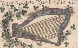 Musical Harp REAL GLITTER ANTIQUE Postcard