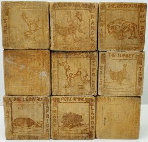 Antique Vtg Wood Blocks Carved Buffalo, Horse, Turkey, Porcupine, Kangaroo, Dog