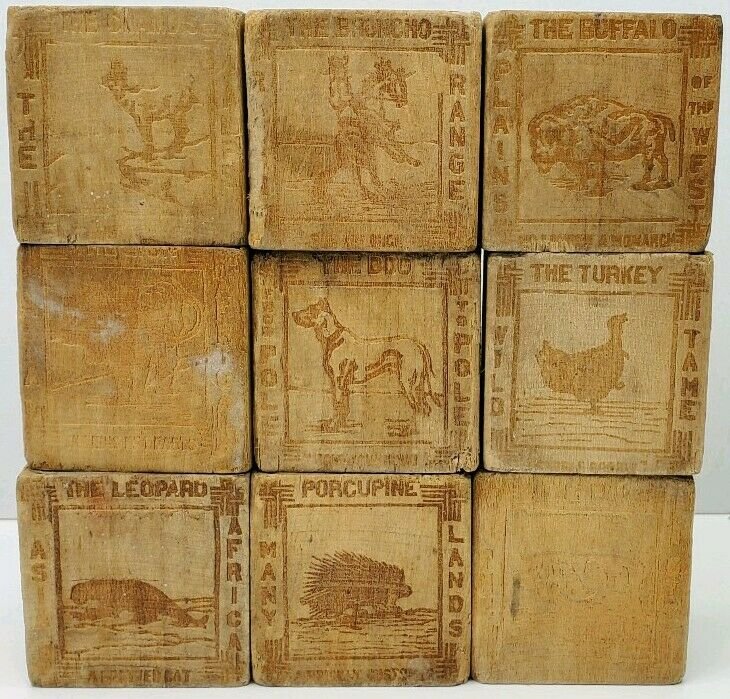 Antique Vtg Wood Blocks Carved Buffalo, Horse, Turkey, Porcupine, Kangaroo, Dog