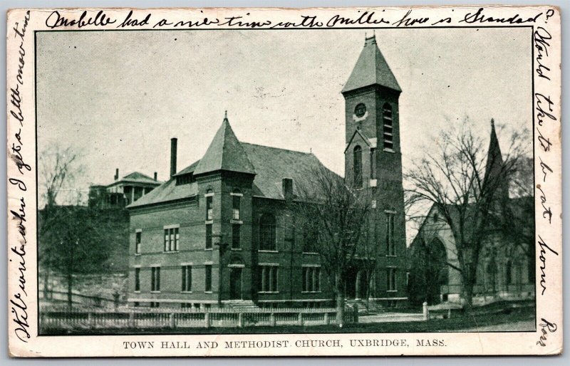 Vtg Uxbridge Massachusetts MA Town Hall & Methodist Church 1910s View Postcard