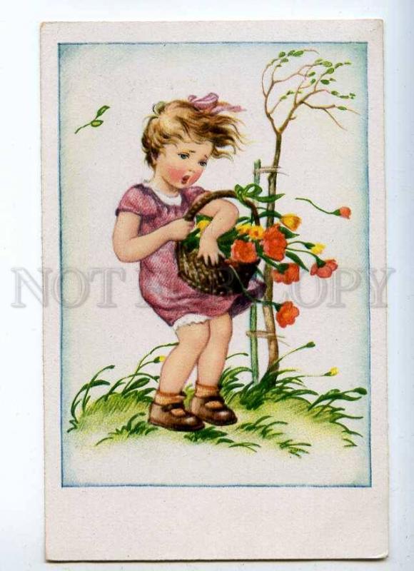 233302 Chaming Girl w/ Flowers WIND Vintage Colorful postcard