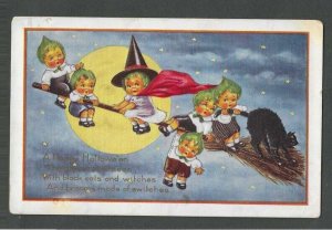 Ca 1912 Post Card Classic Halloween Greeting Card W/6 Children W/Green Hair----