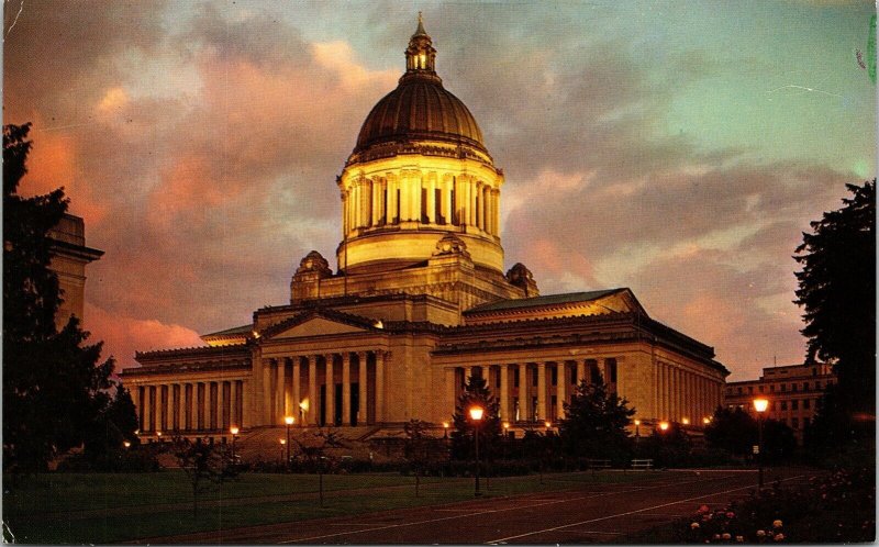 State Capitol Olympia Washington WA Dusk View Postcard VTG UNP Plastichrome  