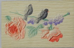 Beautiful Red Roses & Pretty Orange Beak Birds Sit On Vine - Vintage Postcard