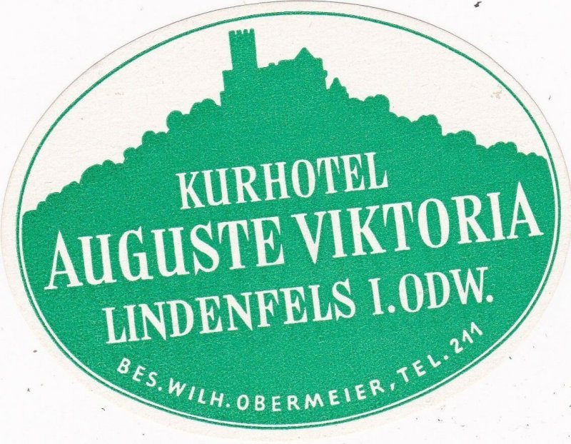 Germany Lindenfels Kurhotel Auguste Viktoria Vintage Luggage Label sk3206