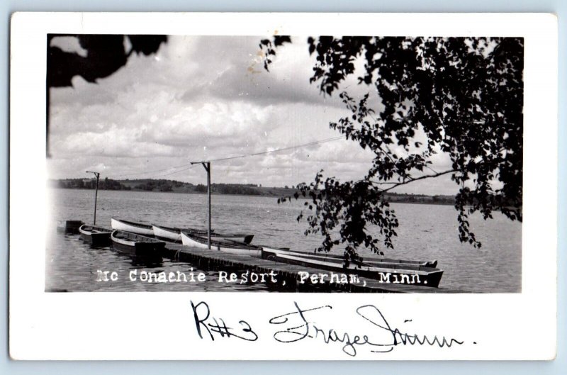 Perham Minnesota MN Postcard RPPC Photo Mc Conachie Resort Boats c1940's Vintage