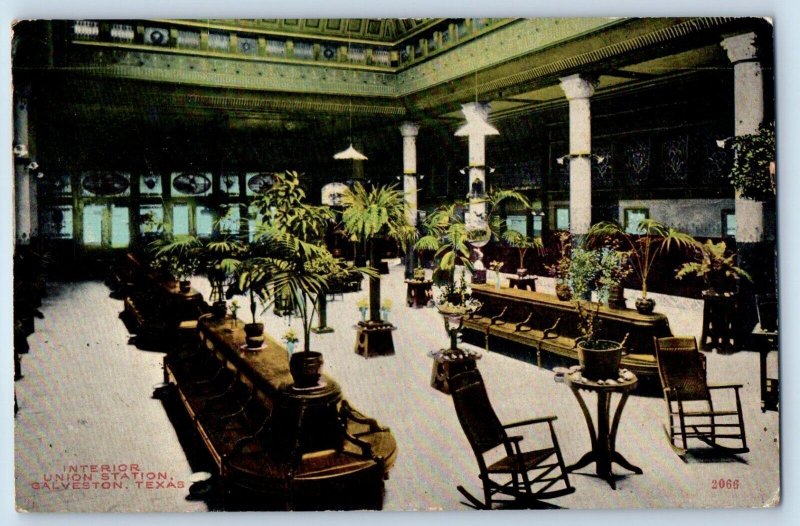 c1910 Galveston Texas Vintage Postcard Union Station Interior View Chairs Plants
