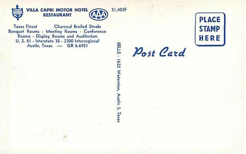 TX, Austin, Texas, Villa Motor Hotel Restaurant, Bells No. 31,403F