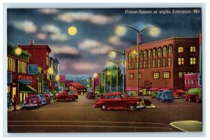 c1940's Union Square At Night Cars And Buildings View Lewiston Maine ME Postcard