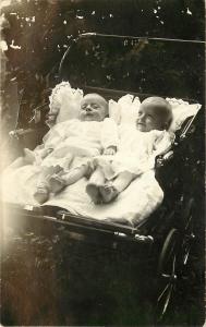 RPPC Postcard Twin Babies in Double Buggy, Side be Side Dual Perambulator c1910