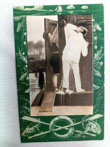 Vintage Postcard 1910's Man & Woman with Water Can Fun Scene Fishing Border