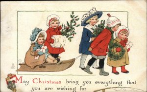 Tuck Christmas Merry Cute Kids Children Sledding Toy Train c1910 Postcard