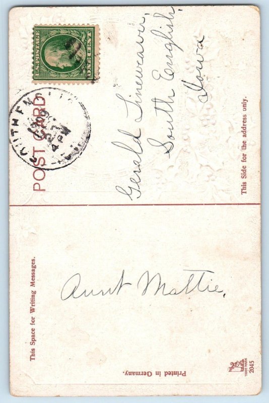 South English Iowa IA Postcard Christmas Little Girl Holly Berries Embossed 1909