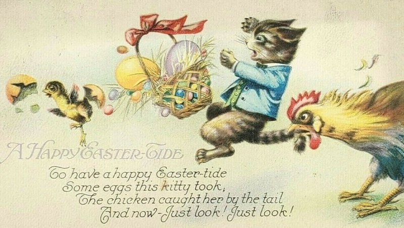 1925 A Happy Easter Tide Kittty Cat Eggs Basket Chicken Postcard Vtg Posted