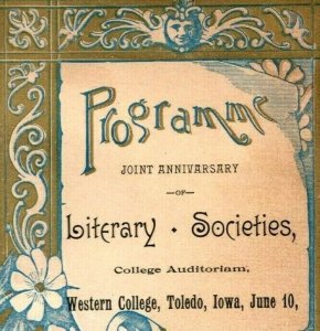 1889 Western College Literary Socities Program Toledo, Iowa Fabulous! P226