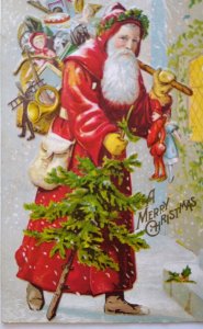 Santa Claus Christmas Postcard Full Figure Tree Toys Jester Doll Long Robe 1912