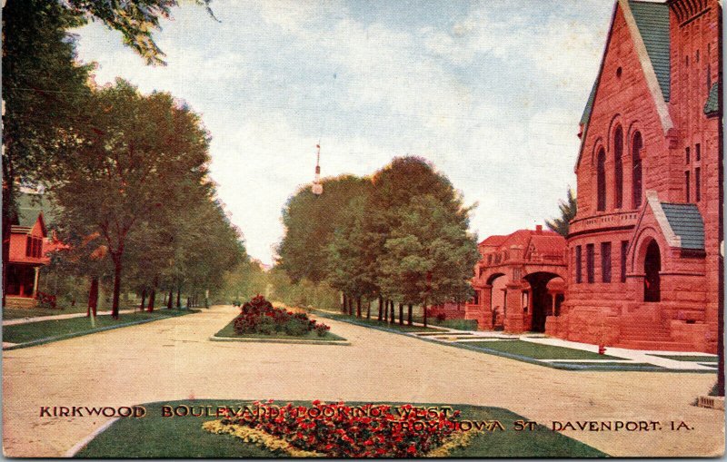 Vtg Davenport IA Kirkwood Boulevard Looking West from Iowa Street 1910s Postcard