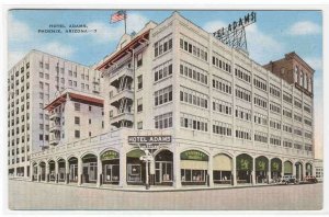 Hotel Adams Phoenix Arizona 1940 linen postcard