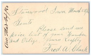 1880 Lumber Price List Fred Clark Stanwood Iowa IA Clinton IA Postal Card 