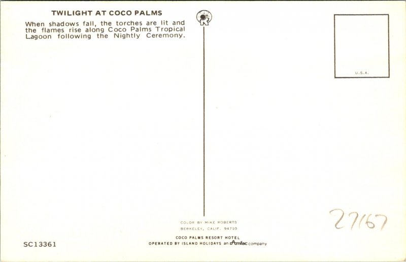 Twilight Coco Palms HI Nightly Ceremony Postcard unused (27167)