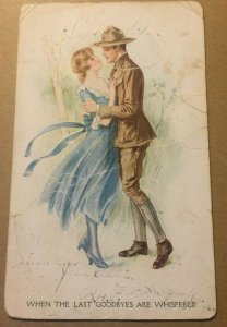 VINTAGE  POSTCARD USED MILITARY WHEN THE LAST GOODBYES ARE WHISPERED CREASED