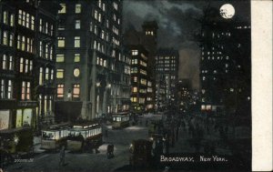 New York City Manhattan Broadway at Night Street Cars c1910 Postcard