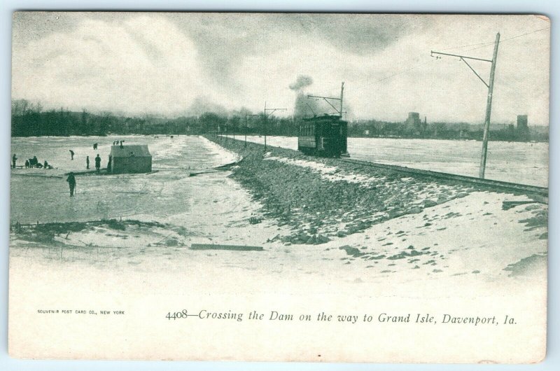 1900s Davenport Iowa Electric Tram Trolley Dam Photo Ice Fishing Antique NICE A7