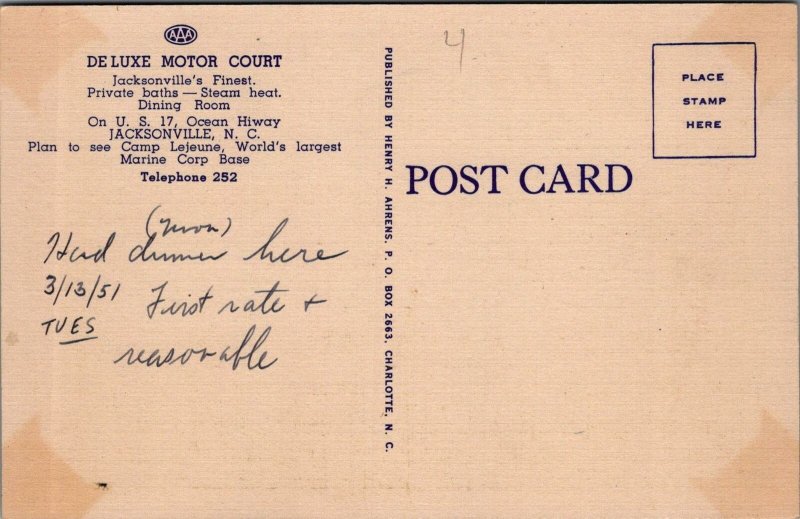 Postcard Deluxe Motor Court Jacksonville NC