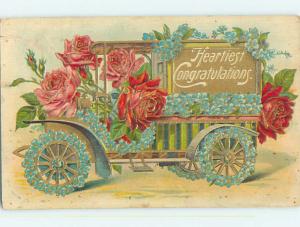 Pre-Linen art nouveau fantasy OLD DELIVERY TRUCK DECORATED WITH FLOWERS HJ3537