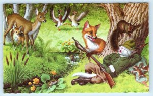 Mainzer Dressed Cat NAPPING HUNTER Rifle Woodland Animals #4921 Belgium Postcard